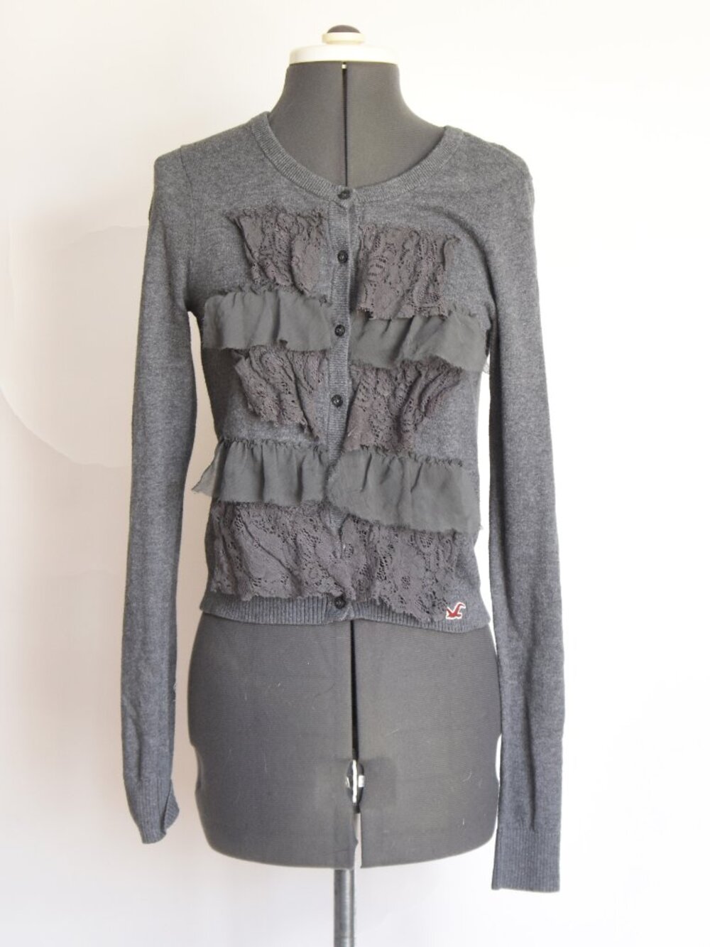 Hollister Gray Lace Ruffle Cardigan Sweater Y2K Coquette Knit Vintage Med